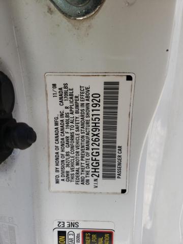 2HGFG126X9H511920 - 2009 HONDA CIVIC LX 白色 照片 10