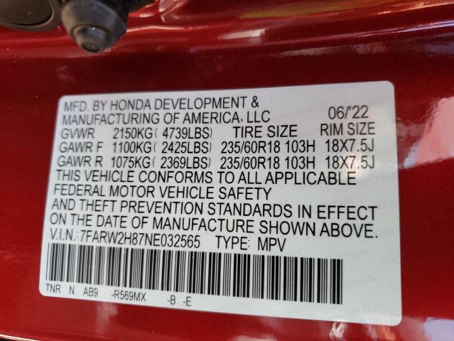 7FARW2H87NE032565 - 2022 HONDA CR-V EXL RED photo 10