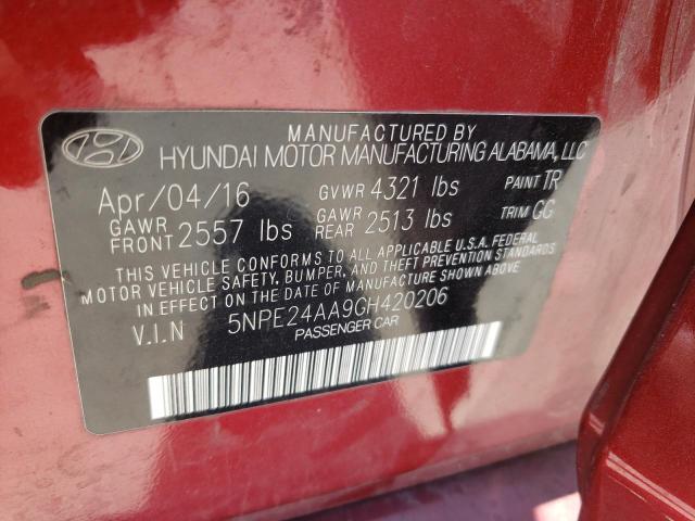 5NPE24AA9GH420206 - 2016 HYUNDAI SONATA ECO RED photo 10