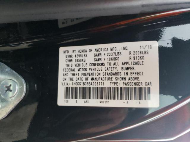 1HGCS1B39BA006771 - 2011 HONDA ACCORD LX- BLACK photo 10