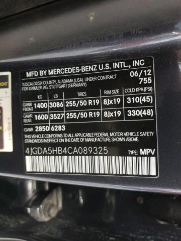 4JGDA5HB4CA089325 - 2012 MERCEDES-BENZ ML 350 4MA CHARCOAL photo 10