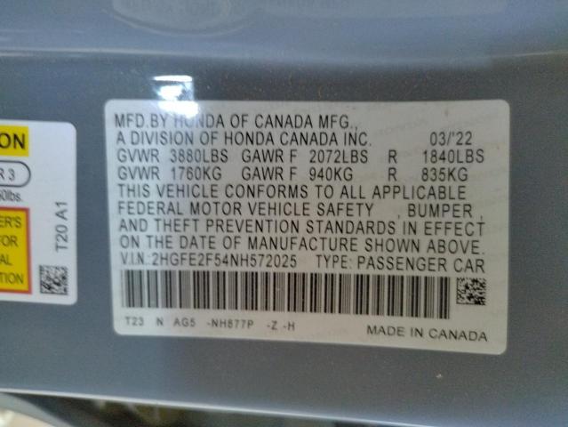 2HGFE2F54NH572025 - 2022 HONDA CIVIC SPOR GRAY photo 10