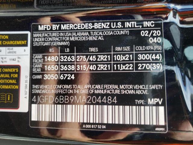 4JGFD6BB9MA204484 - 2021 MERCEDES-BENZ GLE COUPE BLACK photo 10