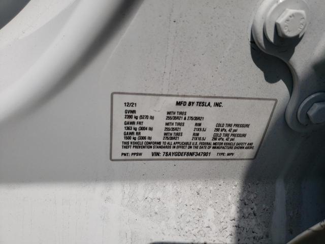 7SAYGDEF8NF347901 - 2022 TESLA MODEL Y أبيض صورة 10