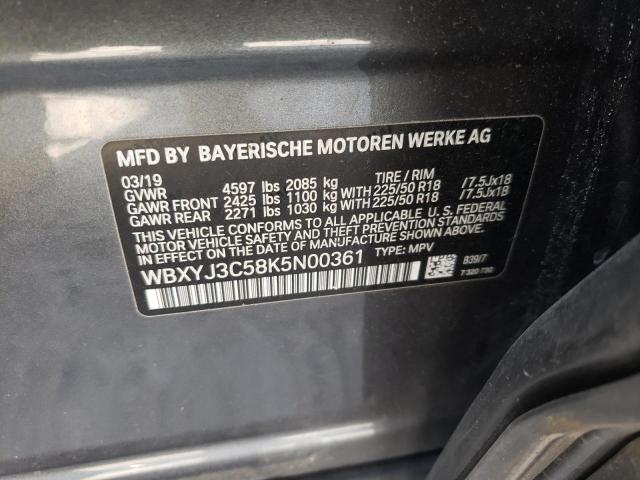 WBXYJ3C58K5N00361 - 2019 BMW X2 SDRIVE2 GRAY photo 10