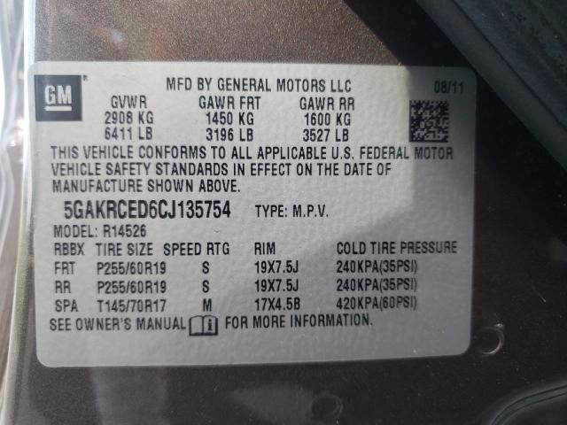 5GAKRCED6CJ135754 - 2012 BUICK ENCLAVE BROWN photo 10