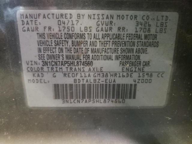 3N1CN7AP5HL874560 - 2017 NISSAN VERSA S GRAY photo 10