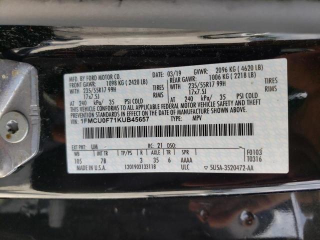 1FMCU0F71KUB45657 - 2019 FORD ESCAPE S BLACK photo 10