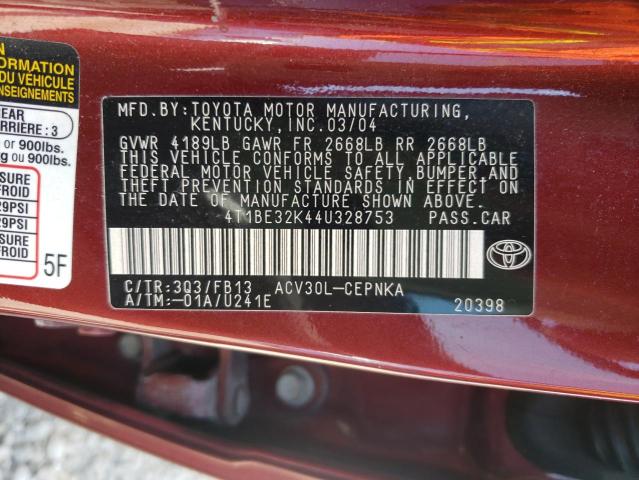 4T1BE32K44U328753 - 2004 TOYOTA CAMRY LE RED photo 10