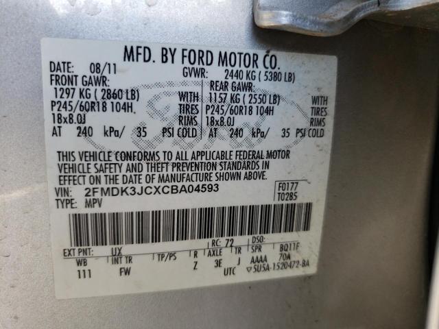 2FMDK3JCXCBA04593 - 2012 FORD EDGE SEL SILVER photo 10