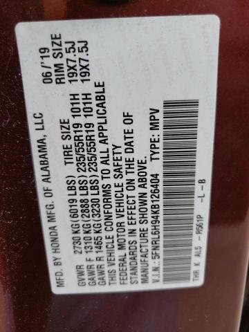 5FNRL6H94KB126404 - 2019 HONDA ODYSSEY ELITE  Foto 10