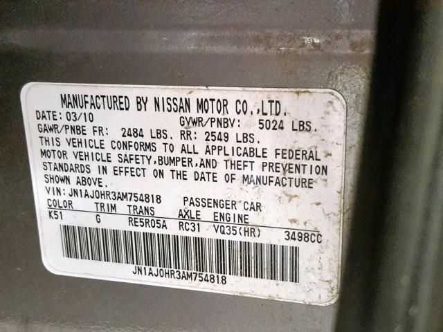 JN1AJ0HR3AM754818 - 2010 INFINITI EX35 BASE Մոխրագույն լուսանկար 10