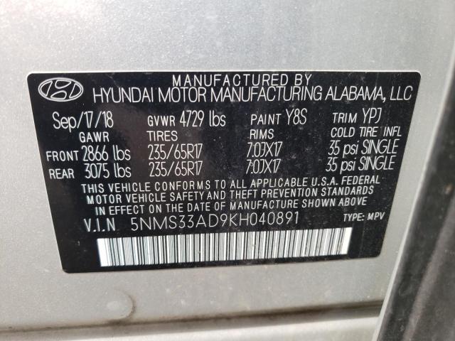 5NMS33AD9KH040891 - 2019 HYUNDAI SANTA FE 4 SILVER photo 10