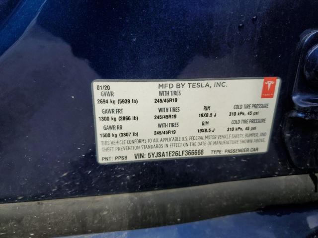 5YJSA1E26LF366668 - 2020 TESLA MODEL S BLUE photo 10