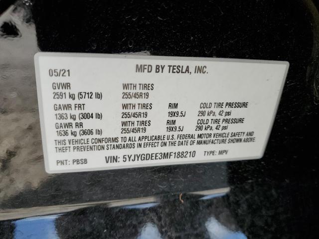5YJYGDEE3MF188210 - 2021 TESLA MODEL Y Черный фото 10