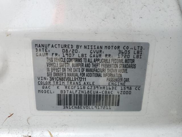 3N1CN8EV0LL917211 - 2020 NISSAN VERSA SV WHITE photo 10