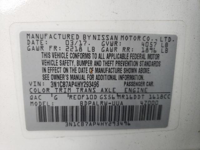 3N1CB7AP4HY293496 - 2017 NISSAN SENTRA SR WHITE photo 10