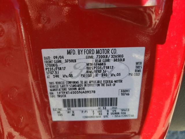 1FTPX14505NA09278 - 2005 FORD F-150 RED photo 10