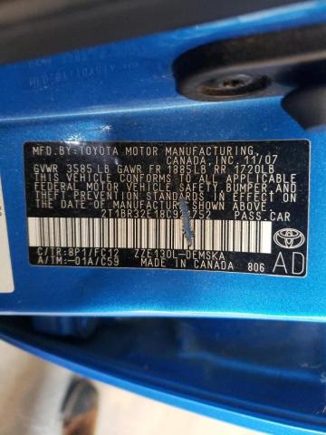 2T1BR32E18C921752 - 2008 TOYOTA CORROLA BLUE photo 10