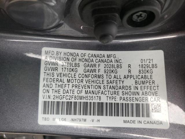 2HGFC2F80MH535178 - 2021 HONDA CIVIC SPOR GRAY photo 10