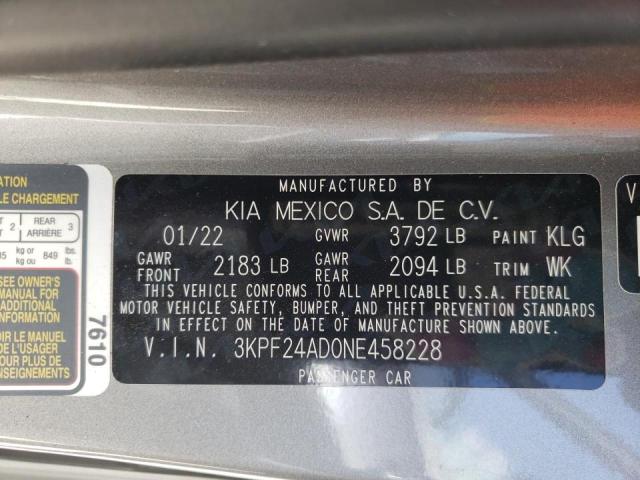 3KPF24AD0NE458228 - 2022 KIA FORTE FE GRAY photo 10