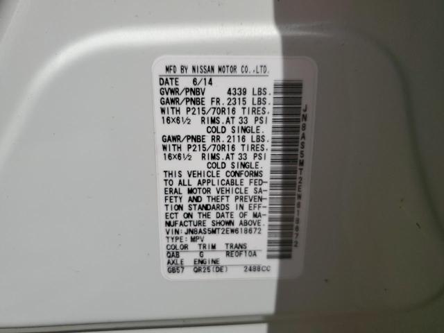 JN8AS5MT2EW618672 - 2014 NISSAN ROGUE SELE WHITE photo 10