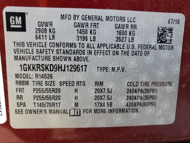 1GKKRSKD9HJ129617 - 2017 GMC ACADIA LIM RED photo 10