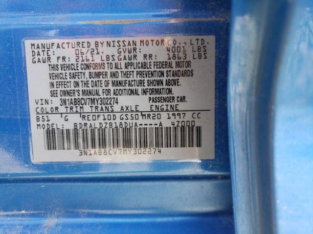 3N1AB8CV7MY302274 - 2021 NISSAN SENTRA SV BLUE photo 10