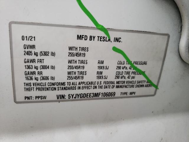 5YJYGDEE3MF106069 - 2021 TESLA MODEL Y Blanc photo 10