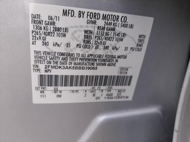 2FMDK3AK5BBB39065 - 2011 FORD EDGE SPORT SILVER photo 10