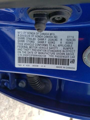 2HGFC2F8XKH583106 - 2019 HONDA CIVIC SPOR 蓝色 照片 10