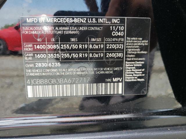 4JGBB8GB3BA672717 - 2011 MERCEDES-BENZ ML 350 4MA BLACK photo 10