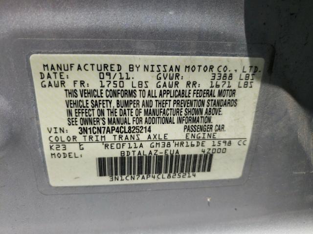 3N1CN7AP4CL825214 - 2012 NISSAN VERSA S SILVER photo 10