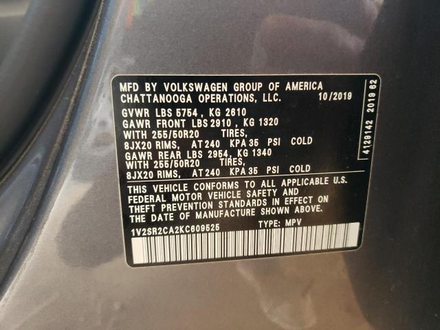 1V2SR2CA2KC609525 - 2019 VOLKSWAGEN ATLAS SEL GRAY photo 10