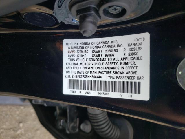 2HGFC2F89KH504444 - 2019 HONDA CIVIC SPOR BLACK photo 10