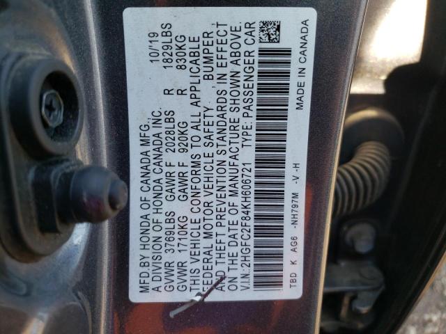 2HGFC2F84KH606721 - 2019 HONDA CIVIC SPOR GRAY photo 10