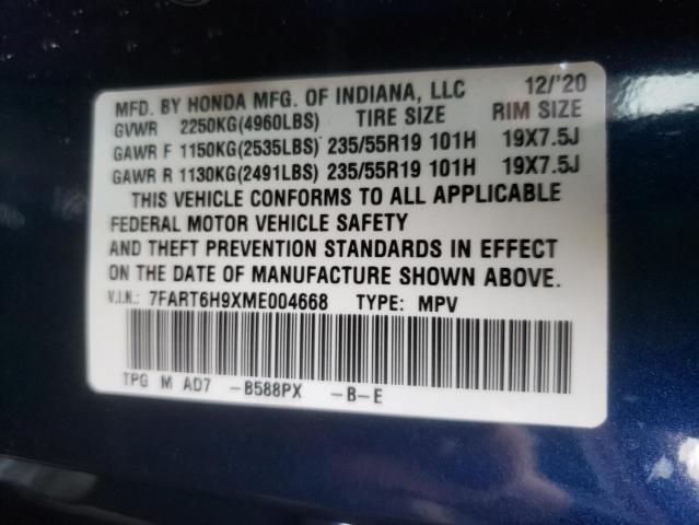 7FART6H9XME004668 - 2021 HONDA CR-V TOURI BLUE photo 10