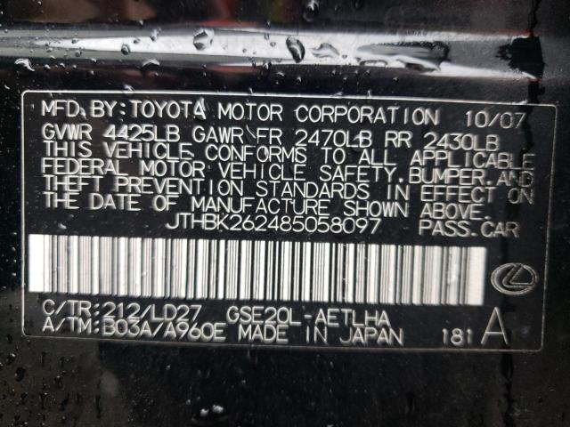 JTHBK262485058097 - 2008 LEXUS IS 250 BLACK photo 10