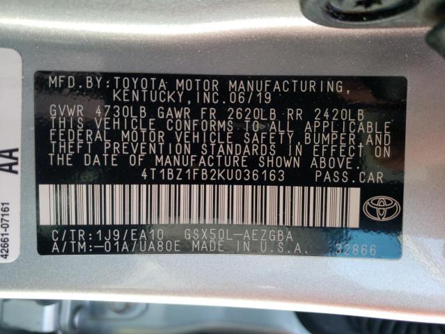 4T1BZ1FB2KU036163 - 2019 TOYOTA AVALON XLE SILVER photo 10