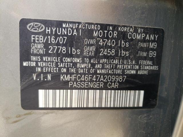 KMHFC46F47A209987 - 2007 HYUNDAI AZERA SE GRAY photo 10