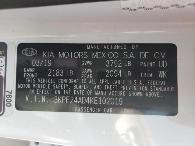 3KPF24AD4KE102019 - 2019 KIA FORTE FE WHITE photo 10