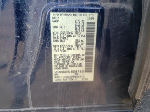 5N1AR18B39C608785 - 2009 NISSAN PATHFINDER BLUE photo 10