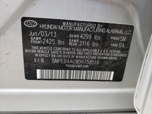 5NPEB4AC8DH758516 - 2013 HYUNDAI SONATA GLS SILVER photo 10