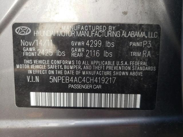 5NPEB4AC4CH419217 - 2012 HYUNDAI SONATA GLS SILVER photo 10