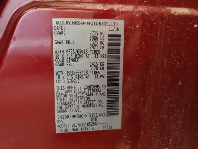 5N1DR2MM8HC636140 - 2017 NISSAN PATHFINDER RED photo 10