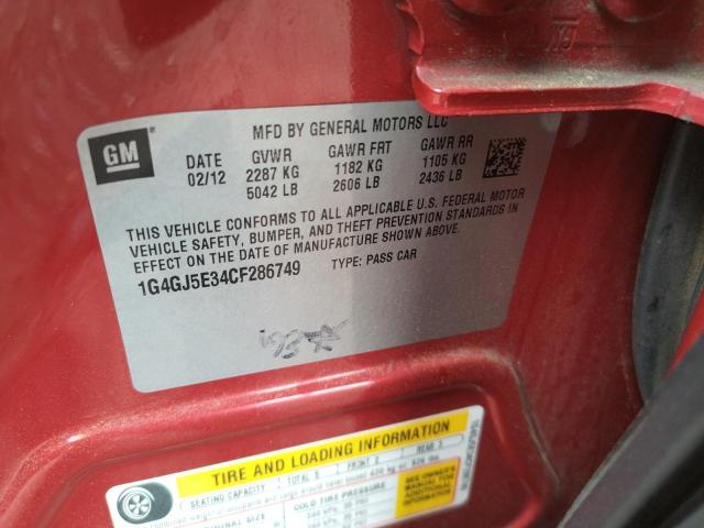 1G4GJ5E34CF286749 - 2012 BUICK LACROSSE T RED photo 10