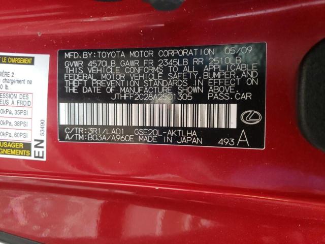 JTHFF2C28A2501305 - 2010 LEXUS IS 250 RED photo 10