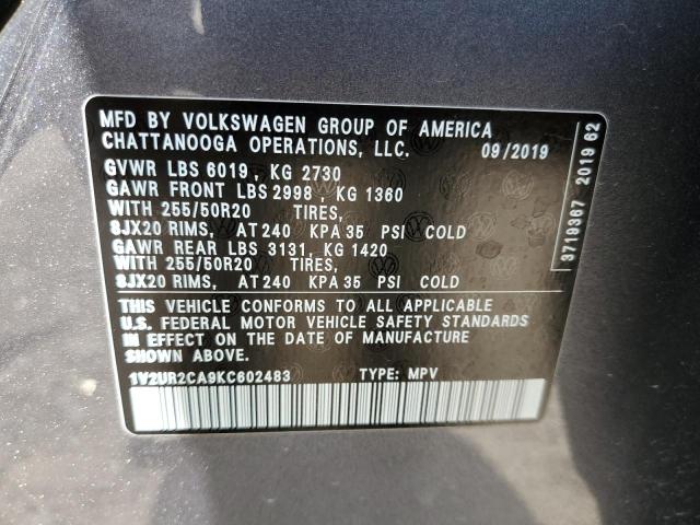 1V2UR2CA9KC602483 - 2019 VOLKSWAGEN ATLAS SE CHARCOAL photo 10