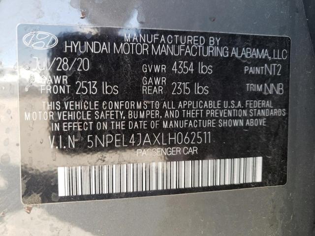 5NPEL4JAXLH062511 - 2020 HYUNDAI SONATA SEL GRAY photo 10