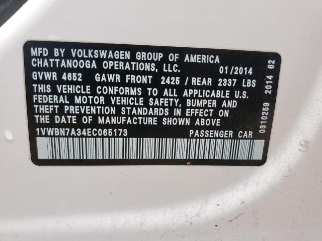 1VWBN7A34EC065173 - 2014 VOLKSWAGEN PASSAT SE WHITE photo 10